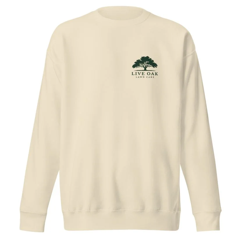 Bone Live Oak Lawn Care crewneck sweatshirt with green oak chest logo