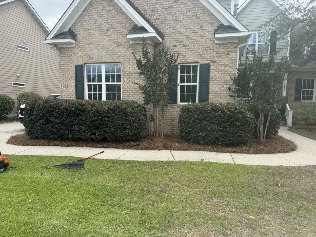 Freshly trimmed hedges and pine straw beds along a brick home, Wilmington NC lawn and hedge care